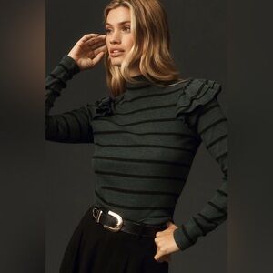 Anthropologie Dark Green and Black Striped Ruffled Shoulder Long Sleeve Top